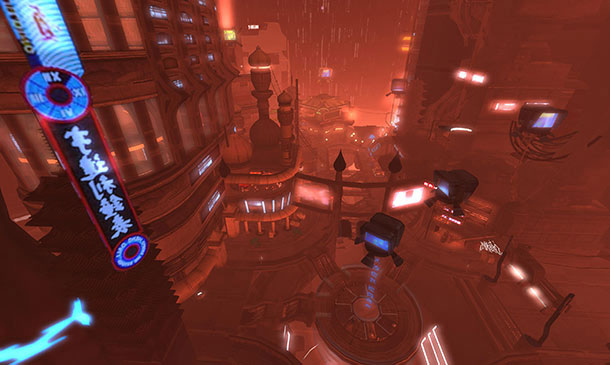 Red neon cyberpunk cityscape at night