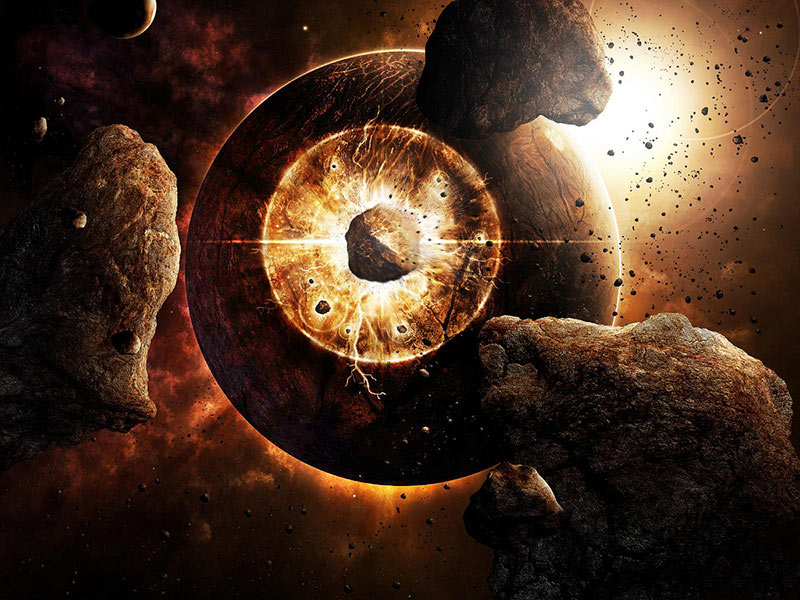 Exploding planet with glowing core and asteroids