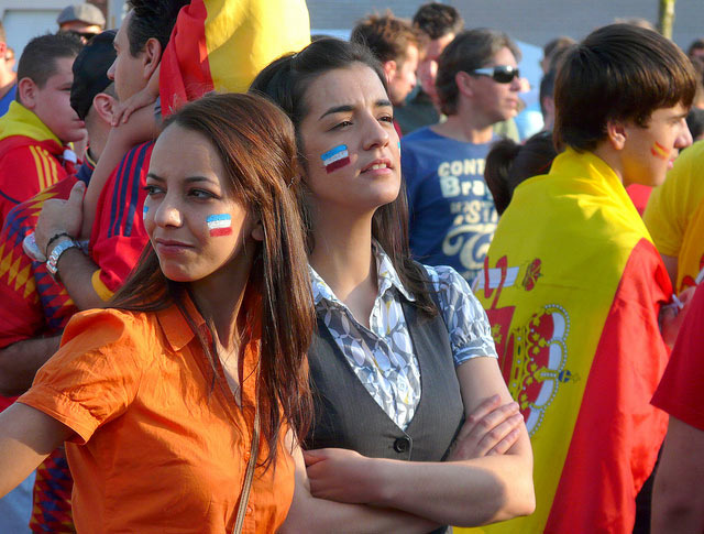 Two women with Russian flag face paint