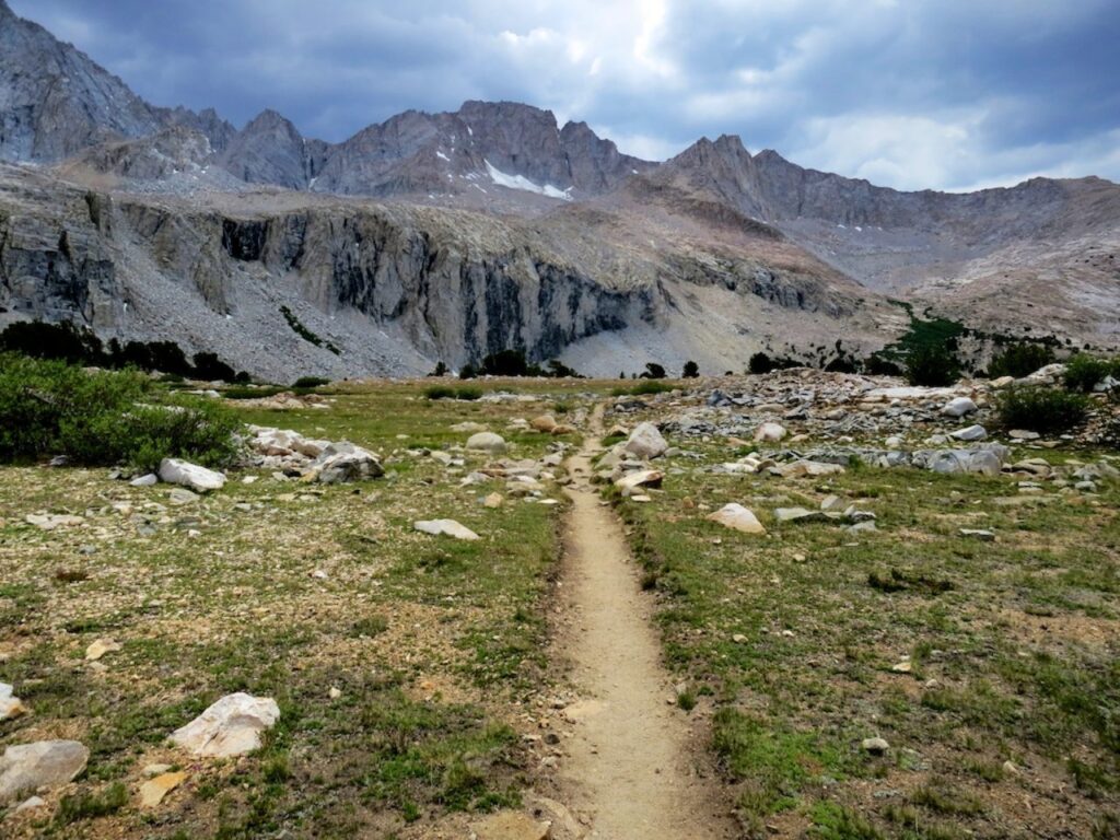 Mountain trail through alpine meadow toward rocky peaks