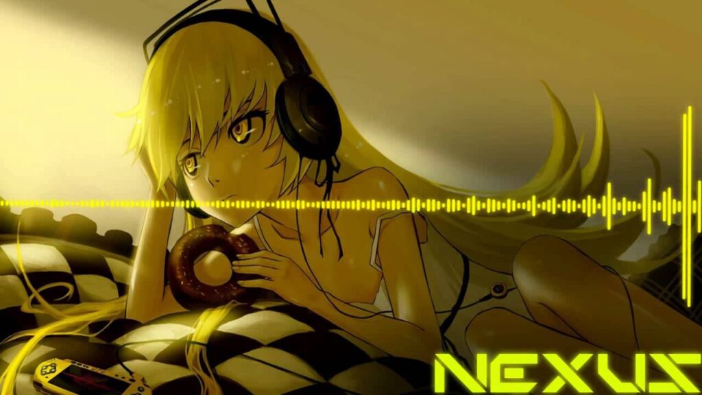 Blonde anime girl lying with headphones and donut