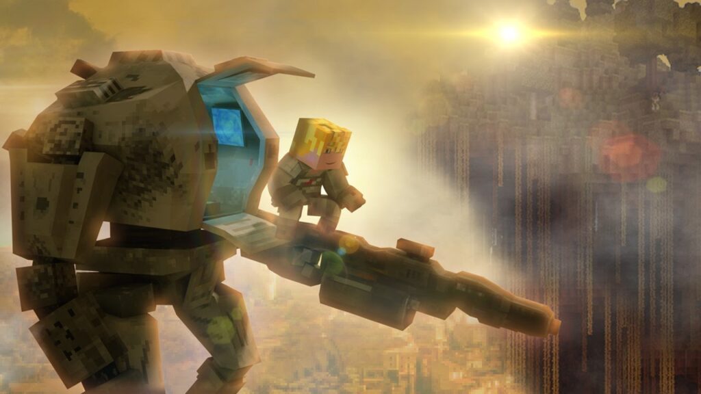 Blocky mech and soldier overlooking futuristic city
