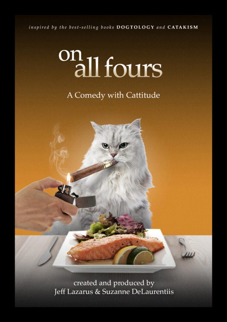 Fluffy white cat smoking cigar at dinner plate
